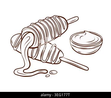 Maishunde mit geschmolzenem Käse und Dippsoße. Vektorillustration in sauberem, handgezeichnetem Linienstil. Streetfood-Snack-Set für Fast-Food-Menüs, din Stock Vektor