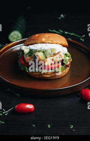 Sandwich mit Meeresfrüchten und frischen Zutaten auf dunklem Holzteller Stockfoto