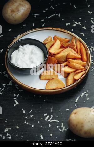 Frisch gebratene Kartoffelscheiben mit Dippsoße auf einem Holzteller Stockfoto