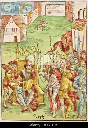 Pilatus, der seine Hände wäscht, von Urs Graf dem Älteren, um 1503, zeigt den römischen Beamten, der sich vor einer versammelten Menschenmenge in einem Burghof von der Verantwortung für den Tod Christi freigibt Stockfoto