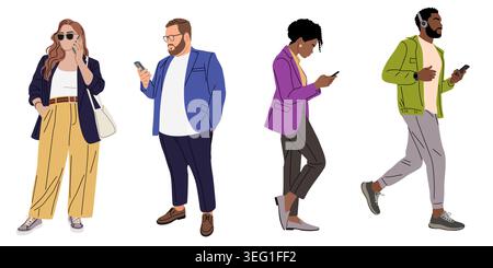 Gruppe von verschiedenen Personen, die Smartphones verwenden Stock Vektor