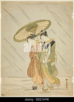 Schnee auf dem Rückweg aus dem öffentlichen Bad von Suzuki Harunobu, ca. 1766/67, wobei zwei Frauen in Kimonos bei Schneefall unter einem großen Sonnenschirm zusammen laufen Stockfoto