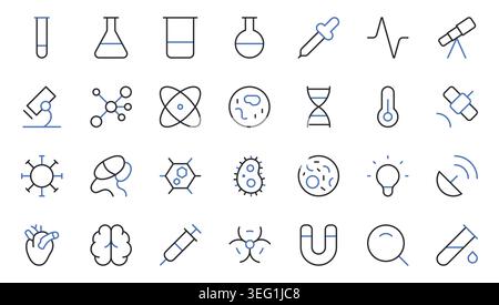 Wissenschaft Labor und medizinische Forschung Linie Icons Set editierbare Strichvektor Illustration. Stock Vektor
