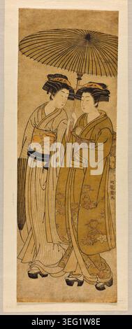 Two Young Women Walking Under an Umbrella von Isoda Koryusai, um 1777, zeigt zwei elegant gekleidete Frauen, die sich einen Sonnenschirm teilen, in verzierten Kimonos mit Blumenmustern und traditionellen Frisuren Stockfoto