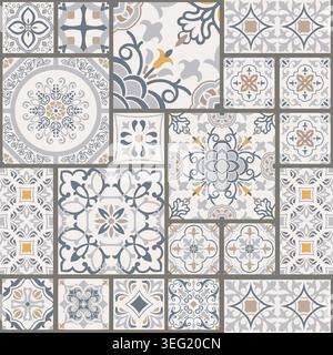 Nahtlose Flickwerk-Fliesen mit viktorianischen Motiven. Majolika-Keramik-Fliesen, Azulejo, original traditionelles portugiesisches und spanisches Dekor. Vektor Stock Vektor
