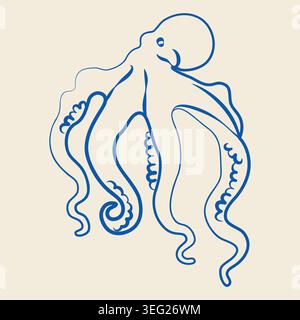 Handgezeichneter isolierter Tintenfisch im Linienart-Doodle-Stil, Unterwassertier zur Dekoration oder Produktgestaltung Stock Vektor
