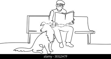 Ununterbrochene einzeilige Zeichnung eines Mannes auf der Bank, der eine Zeitung liest, Linie Kunst Vektor Illustration Stock Vektor