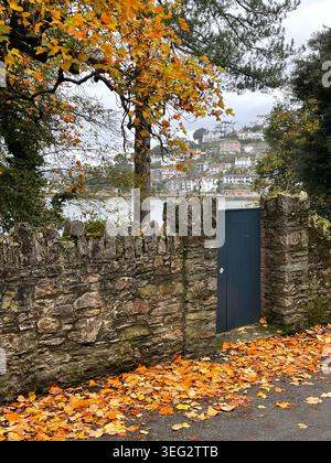 Herbstszene in Dartmouth, England, mit einer Steinmauer, einer blauen Gartentür und goldenen Blättern, die eine bezaubernde saisonale Atmosphäre schaffen. Stockfoto