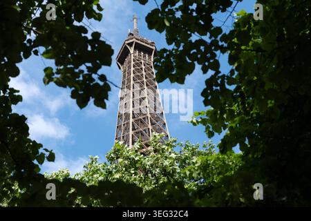 Der Eiffelturm wird von unterhalb des Turms auf der Champ de Mars-Seite in Paris, Frankreich, durch Bäume gesehen. Stockfoto