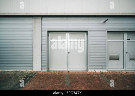 Minimaler Industrieszene mit doppelten Metalltüren, Rollläden und einer Wartungstür an einer hellen Lagerhausfassade, die gegen verwitterten Backsteinpflaster steht Stockfoto