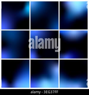 Sammlung von neun abstrakten blauen und dunklen Neon glatten, verschwommenen quadratischen Hintergründen mit Farbverlauf. Vektorgittertexturen für Bildschirme digitaler Geräte, UI UX, WE Stock Vektor