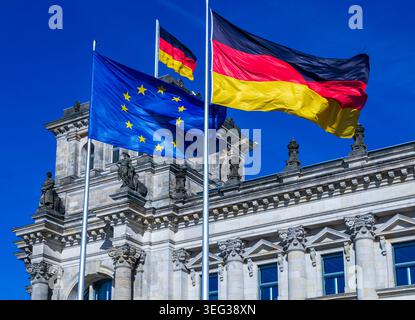 Deutsche und Europäische Union-Fahnen winken vor dem reichstagsgebäude in Berlin unter einem leuchtend blauen Himmel. Bundestag, Deutschland. Stockfoto
