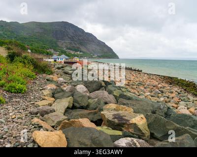 Küstenverteidigungen mit großen Felsen und einer hölzernen Groyne, die das Ufer des Penmaenmawr Beach in Conwy, Nordwales, mit Bergen und dem IRI schützen Stockfoto