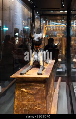 Vergoldete hölzerne Anubis-Schakalfigur auf vergoldeter Schreinkiste mit Hieroglypheninschriften, aus dem Grab von Tutanchamun, 18. Dynastie, Grand Egyptian Museum Stockfoto
