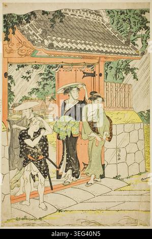 Plötzliche Dusche am Mimeguri-Schrein von Torii Kiyonaga, um 1787, mit Figuren, die bei Regen an einem Schrein-Eingang schützen, mit Aufsichtspersonen und Besuchern in einem Garten im Innenhof Stockfoto