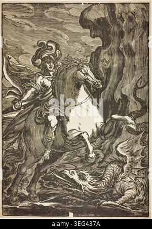 Der heilige Georg und der Drache von Giuseppe Scolari, 1570/1600, zeigt den legendären christlichen Krieger zu Pferd, der einen furchterregenden Drachen tötet, um ein Königreich vor Tyrannei und Terror zu retten Stockfoto