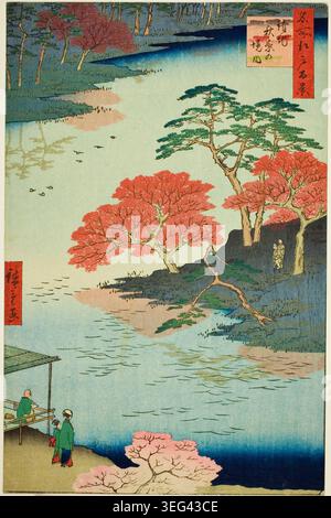 Das Viertel des Akiba-Schreins, Ukeji von Utagawa Hiroshige, 1857, zeigt eine malerische Schreckenlandschaft am Ufer mit roten Ahornbäumen, Figuren auf einer Terrasse und fernen Bergen unter Herbstlaub Stockfoto