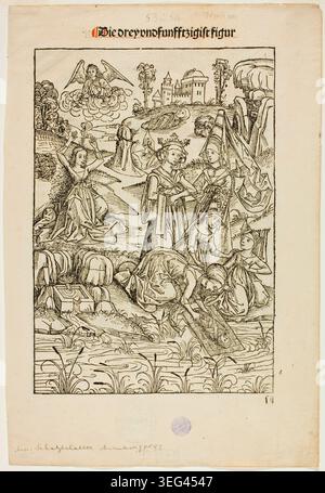 Die vierunddreißig Figur von Michel Wolgemut, 1491, zeigt Moses, der von Pharaos Tochter unter Dienern und Höflingen in einer palastartigen Flusslandschaft entdeckt wurde, während Engel von Wolken aus beobachten Stockfoto