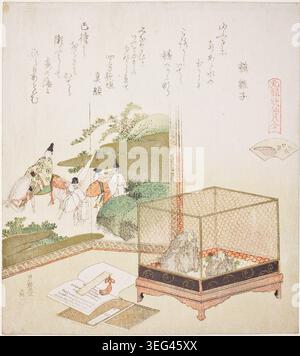 Frogs in a Cage Before a Painted Screen, Illustration for the Dry-Shallow Shell, von Katsushika Hokusai, 1821, zeigt Adlige, die Käfige in einem dekorativen Garten mit dekorativen Bildschirmen und architektonischen Elementen beobachten Stockfoto