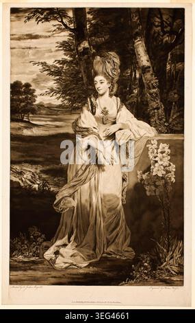 Catherine, Lady Bampfylde von Thomas Watson, 1779, nach Sir Joshua Reynolds; eine leichtsinnig gestaltete Gesellschaftsfrau in fließenden klassischen Vorhängen, die zwischen blühenden Pflanzen in einer bewaldeten Landschaft stand Stockfoto