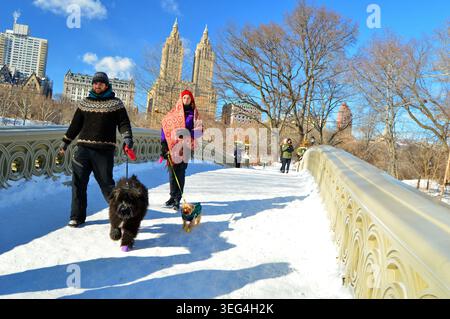 New York, NY, USA 5. Januar 2018 an einem kalten und schneebedeckten Wintertag gehen Menschen mit ihren Hunden über die Bow Bridge im Central Park, New York City Stockfoto