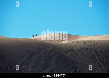 Ein paar Wanderer erreichen den höchsten Punkt des Great Sand Dunes National Monument. Colorado. Stockfoto