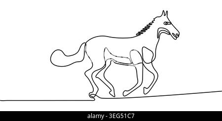 Durchgehende Linienzeichnung des laufenden Wildpferdes Hengstes, minimalistische schwarz-weiße einzeilige Kunstvektor-Illustration des Tieres. Stock Vektor