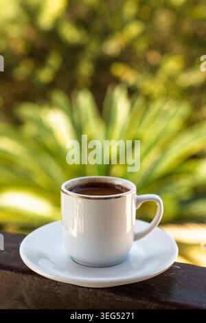 Türkischer Kaffee in weißer Tasse auf Untertasse mit grünem Garten Hintergrund, traditionelles Getränk Stockfoto
