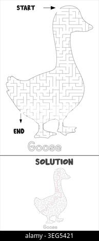 Gänseförmiges Labyrinth Puzzle Gehirnspiel Bauernhof Tierlabyrinth mit Lösung für Kinder Erwachsene Spaß Logik Kinder Gehirnspiel Stock Vektor