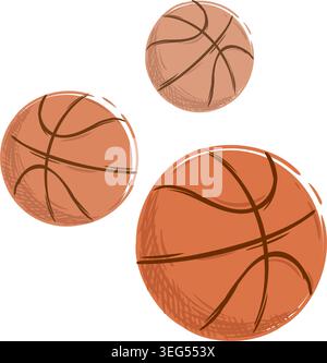 Basketballs flache Illustration Skizze handgezeichnet. Drei Kugeln, die aktiv in der Luft zur Dekoration hüpfen Stock Vektor