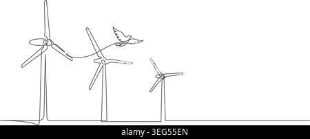 Windenergietransformation mit Vogelflug umweltfreundliches Nachhaltigkeitskonzept einzeilige Kunst. Kontinuierliche Linienzeichnung von Windenergieanlagen minimalistisch Stock Vektor