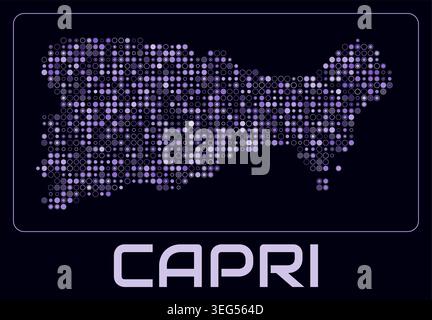 Digitale Capri-Karte. Kleine Kreispunkte auf dunklem Hintergrund. Gepunktete Form der Insel. Capri Karte und Titel. Erstaunliche Vektorillustration. Stock Vektor