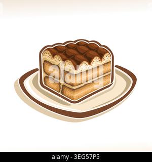 Vektor-Logo für italienisches Tiramisu, traditionelles authentisches Dessert mit Savoiardi-Keks auf dem Gericht, Illustration von Stück Tiramisu für Café-Menü auf weiß Stock Vektor