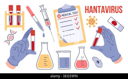 Hantavirus medizinische Testvektorset mit Blutröhrchen, Spritze, Clipboard, Virus-Symbole und Laborausrüstung. Flache Illustration für das Gesundheitswesen Stock Vektor