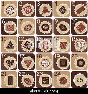 Niedlicher handgezeichneter Adventskalender mit Schokoladenbonbons, verschiedenen Arten und Formen. Countdown Feiertagskalender. Überraschungskarten. Vektor Stock Vektor