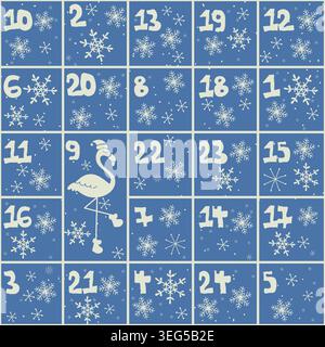 Niedlicher handgezeichneter Adventskalender mit Schneeflocken. Frohe Weihnachten. Überraschungskarten. Schöne Kritzelzeichnungen, Vektordesign. Vektorillustration Stock Vektor