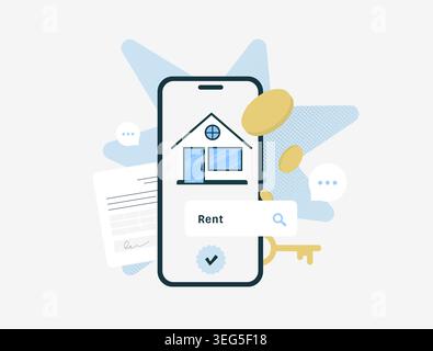 App-Schnittstelle für Vermietung mit Smartphone, Haussymbol und digitalem Leasing-Konzept. Immobiliensuche, Wohnung Marktplatz und mobile Wohnungs Service Vektor Illustration. Stock Vektor