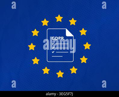 DSGVO-Konformitätsdokument mit EU-Sternen und digitalem Datenschutzkonzept. Darstellung von Geschäftsvektoren für Datenschutz, Cybersicherheit Governance und Regulierungstechnologie. Stock Vektor