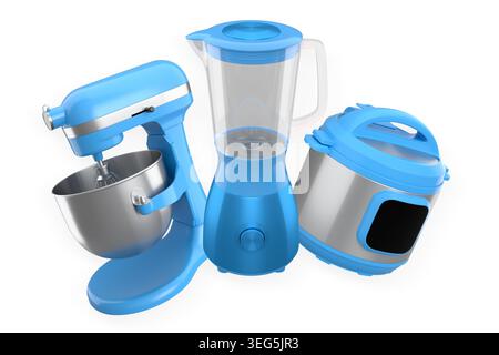 Moderne Küchengeräte einschließlich Mixer, Standmixer und Multi-Herd isoliert auf weißem Hintergrund für Kochkonzept. Stockfoto