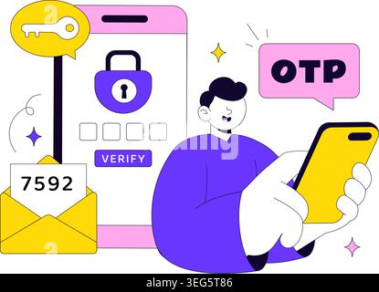 Abbildung des OTP-Vektors mit mobiler Verifizierung, sicherer Anmeldung, einmaliger Passwortauthentifizierung und Design für digitale Sicherheit Stock Vektor