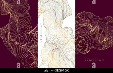 Elegantes, luxuriöses, burgunderfarbenes Hintergrunddesign, goldenes Blumenschmuck, dekorative Linienelemente. Moderne Vektorvorlage für Weinetiketten, Parfüm, Kosmetik Stock Vektor