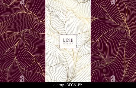 Elegantes, luxuriöses, burgunderfarbenes Hintergrunddesign, goldenes Blumenschmuck, dekorative Linienelemente. Moderne Vektorvorlage für Weinetiketten, Parfüm, Kosmetik Stock Vektor