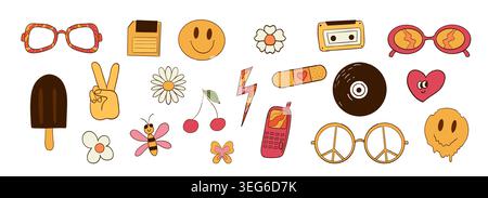 Grooviges Retro-Sticker-Set. Süße Gänseblümchen, lächelnde Gesichter, Eis-Funky-Herz, Kirsche. Groovige Sonnenbrille, analoges Audio, Vinyl. Etikettenaufkleber y2k Vintage 70-s. Emoticon Herzblume trendige Elemente. Vektorabbildung Stock Vektor