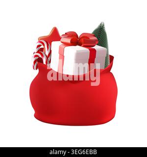 3D Santa offene rote Tasche, voller Geschenke. Realistisch gewickelte Schleife, festliche Geschenkbox. Merry Xmas Sackbeutel, Sternbonbons, Kiefernfellbaum. Vektor Stock Vektor