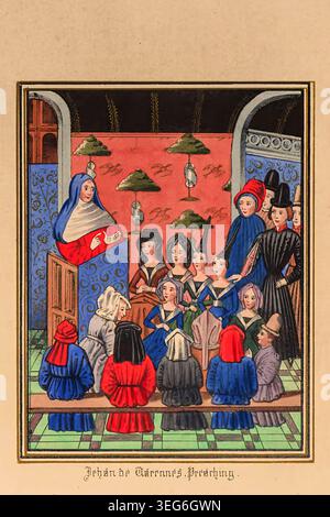 Jehan de Warennes hält eine Predigt oder Rede von einer Kanzel vor einem aufmerksamen Publikum von Frauen und Männern in einem mittelalterlichen Ambiente, in dem religiöse Unterweisungen und historische Versammlungen veranschaulicht werden. Aus den Chroniken von Jean Froissart (1337–1405), einem französischsprachigen mittelalterlichen Autor und Hofhistoriker aus den Niederlanden, der mehrere Werke schrieb, darunter Chroniken und Meliador, eine lange Arthurromantik und einen großen Gedichtkörper, Teil II Publikation datiert 1845 Stockfoto