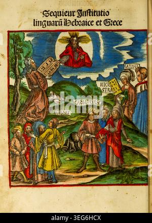 Antike Illustration, die Gott Moses das Gesetz gibt und verschiedene Gruppen von Menschen, die Weisheit empfangen, die hebräische, griechische und lateinische sprachliche und philosophische Traditionen repräsentieren. Die Margarita Philosophica („Philosophische Perle“) ist ein bedeutendes Renaissanceenzyklopädie und Universitätslehrbuch des Kartäusermönchs Gregor Reisch. Erstmals 1503 erschienen, liefert es das Grundwissen des 16. Jahrhunderts in einem zugänglichen, illustrierten Dialog zwischen einem Meister und einem Studenten. Aus der 1515-Erweiterung Stockfoto