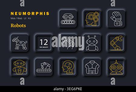 Symbol „Robots Technology Set“. Roboterarm android Ai-Kopfbedeckungsmechanismus Automatisierung minimaler pneumorpher Umrissstil dunkles Design Soft Shadow UI Design. Stock Vektor