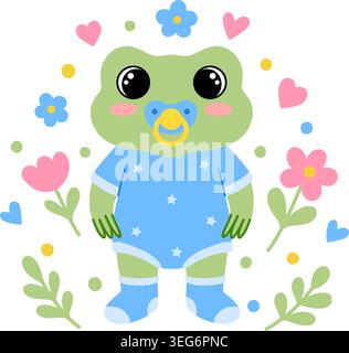 Babyfroschfigur in blauem Sternenbody mit Schnuller. Vektormaskottchen auf weißem Hintergrund. Stock Vektor