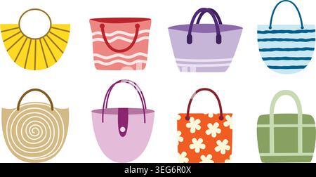 Set Strandtaschen für Damen. Tote, Shopper, Handtasche und Sack sind Sommeraccessoires. Bunte Taschen mit Streifen, Drucken, Blumen im flachen Stil. Vektor Stock Vektor