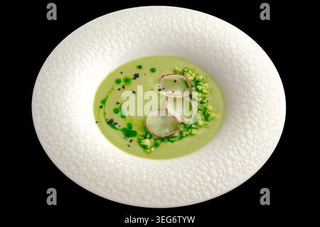 Elegante Schüssel mit grüner Cremesuppe auf Schwarz Stockfoto